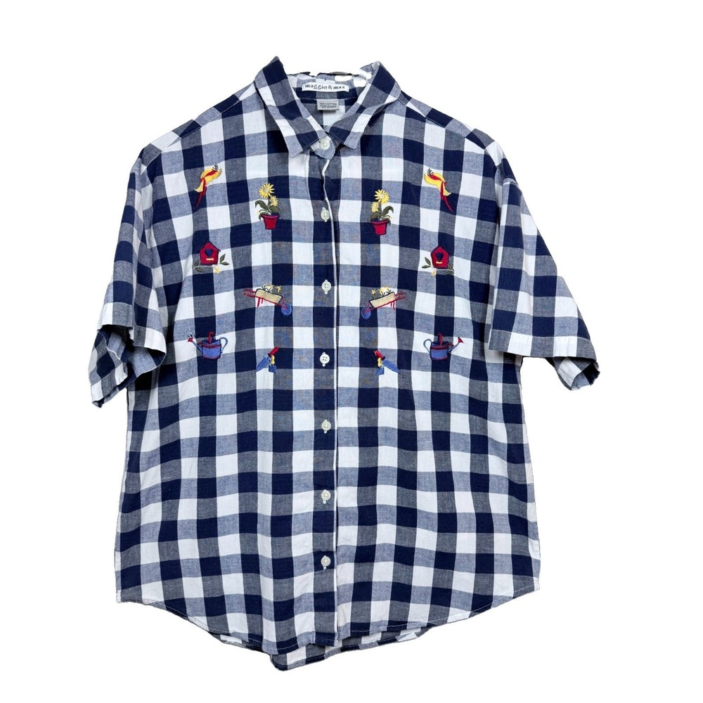 Maggie & Max Shirt Womens L Blue Gingham Embroidered Garden Cozy Girl Analog